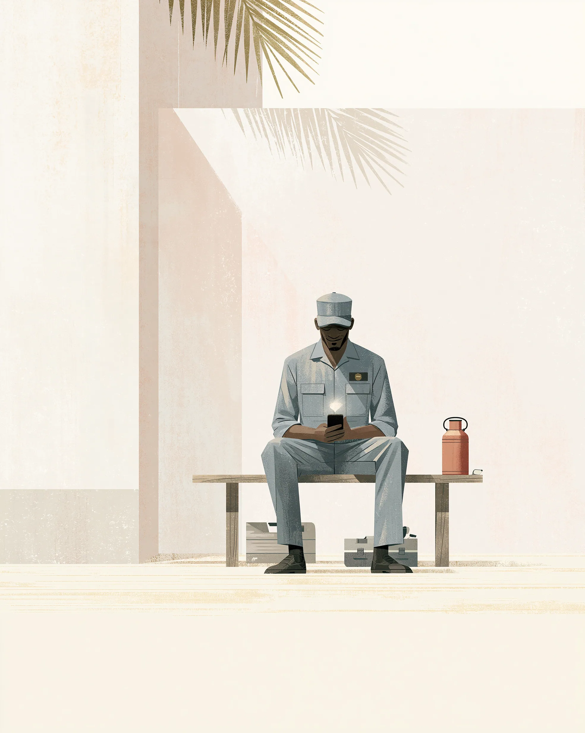 A Lox provider on a wooden bench outside a Lagos compound, taking a calm break and checking a notification on his phone