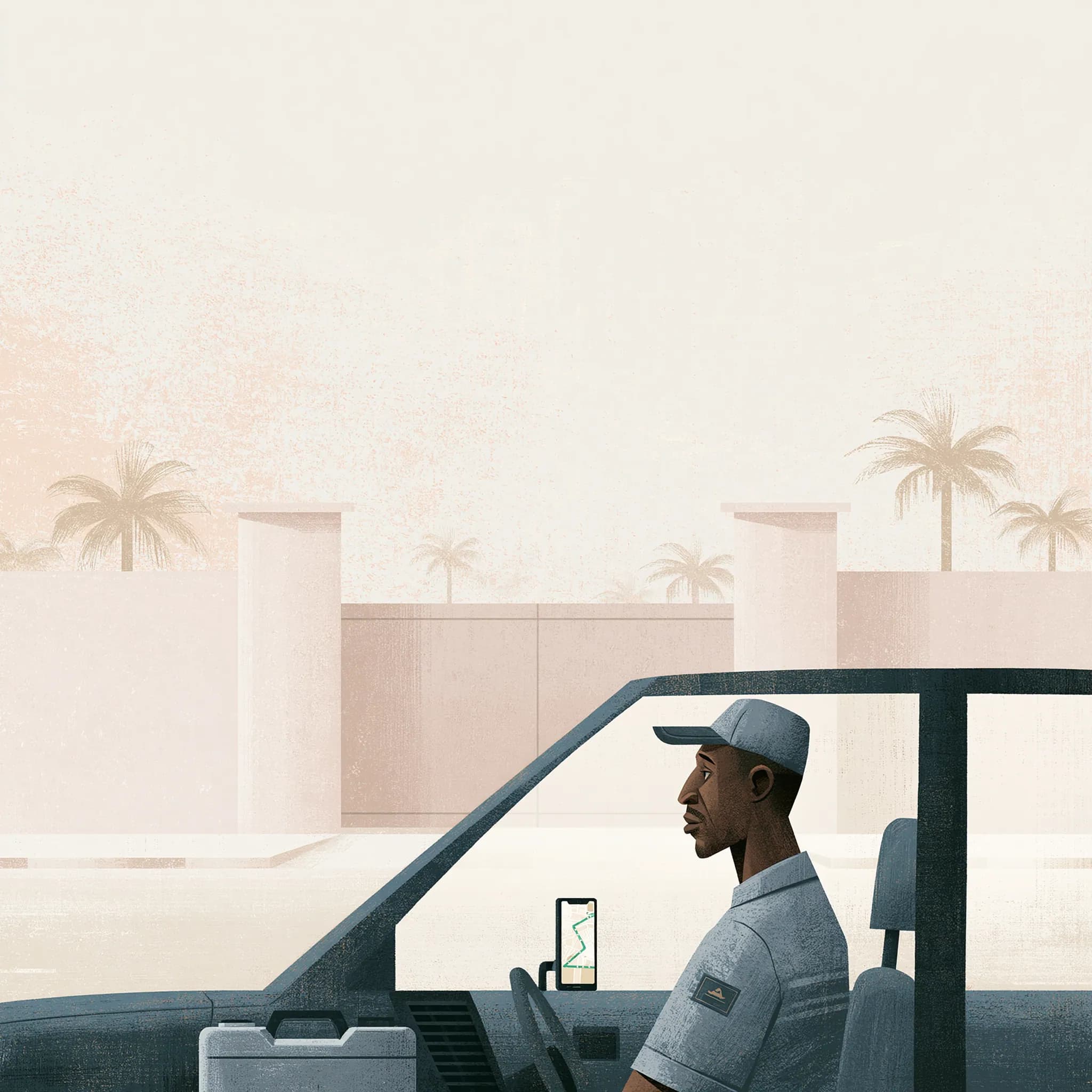 A Lox provider in their car at a Lagos junction, checking the route on a mounted phone