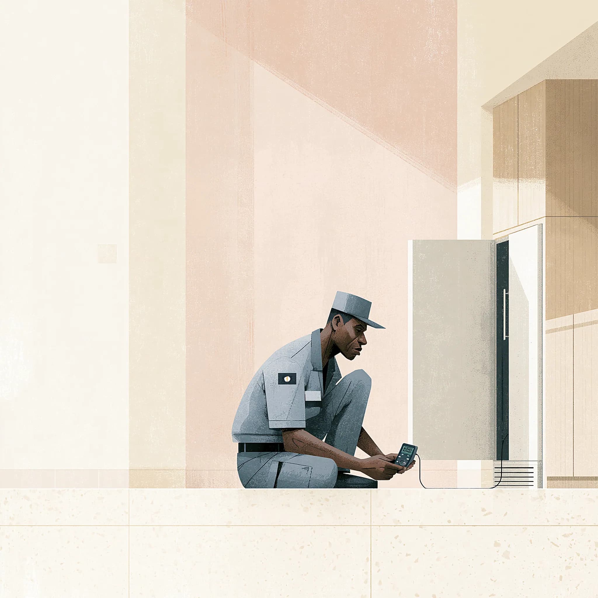 A technician diagnosing a fridge in a warm wood kitchen