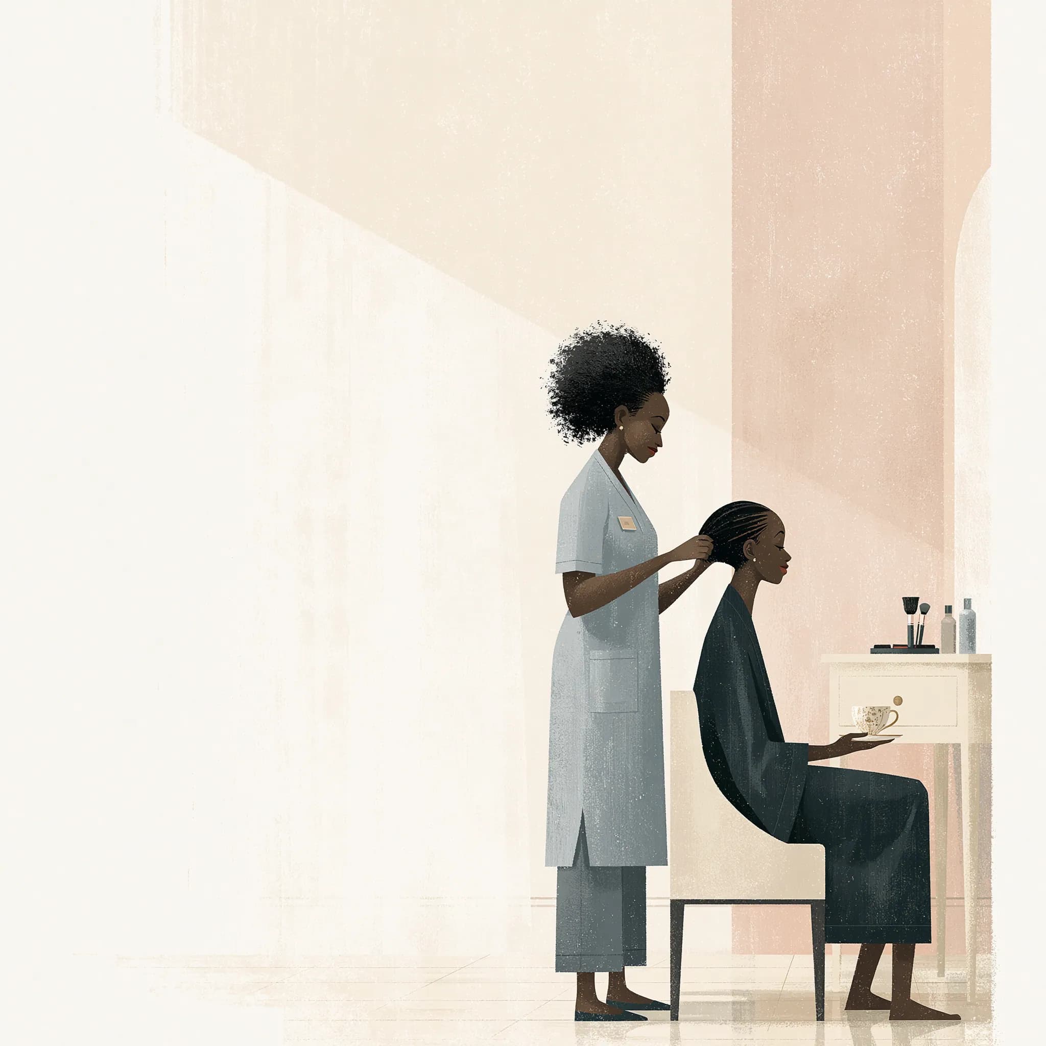 A beauty professional doing a client's hair in a calm bedroom