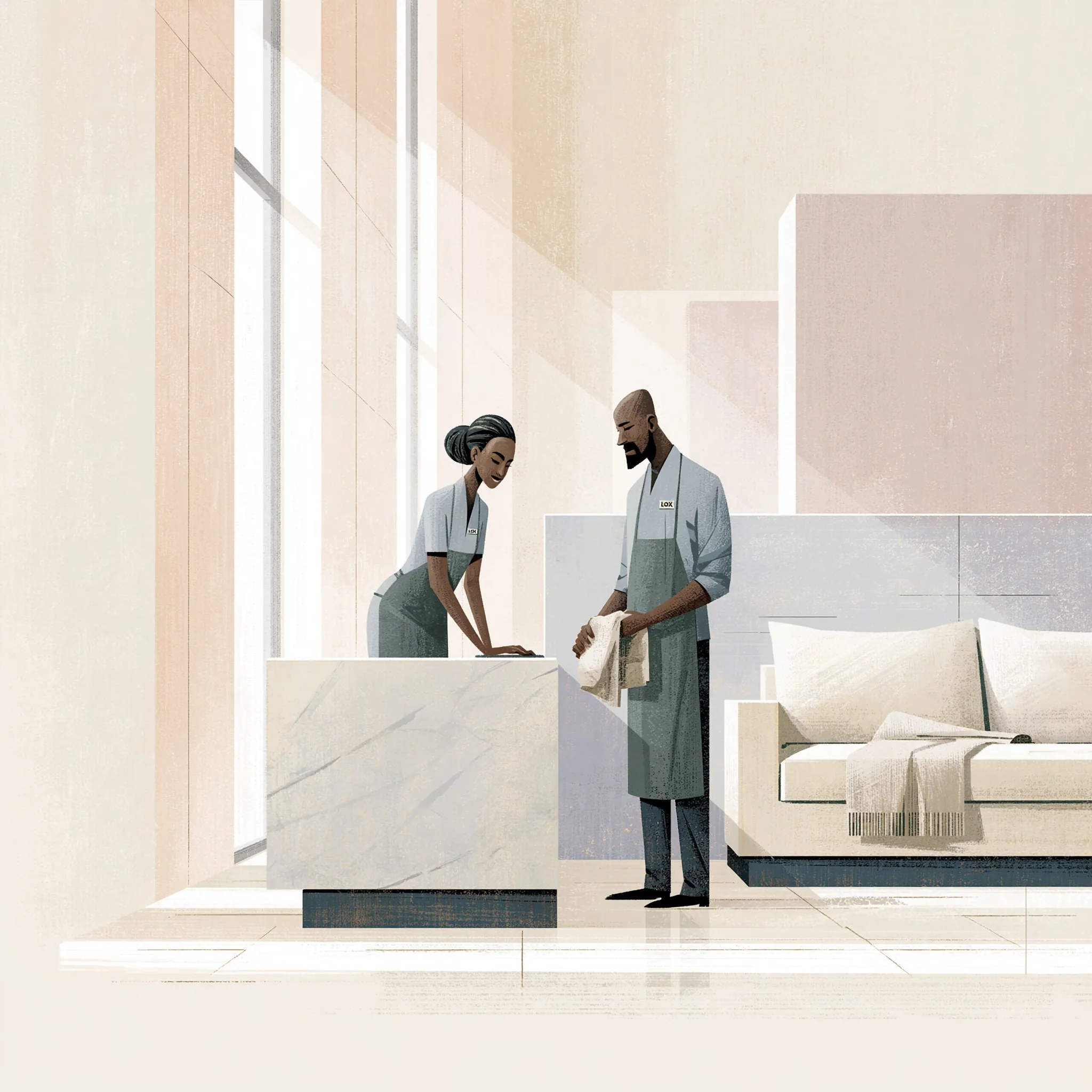 A two-person cleaning team working in a sunlit living room