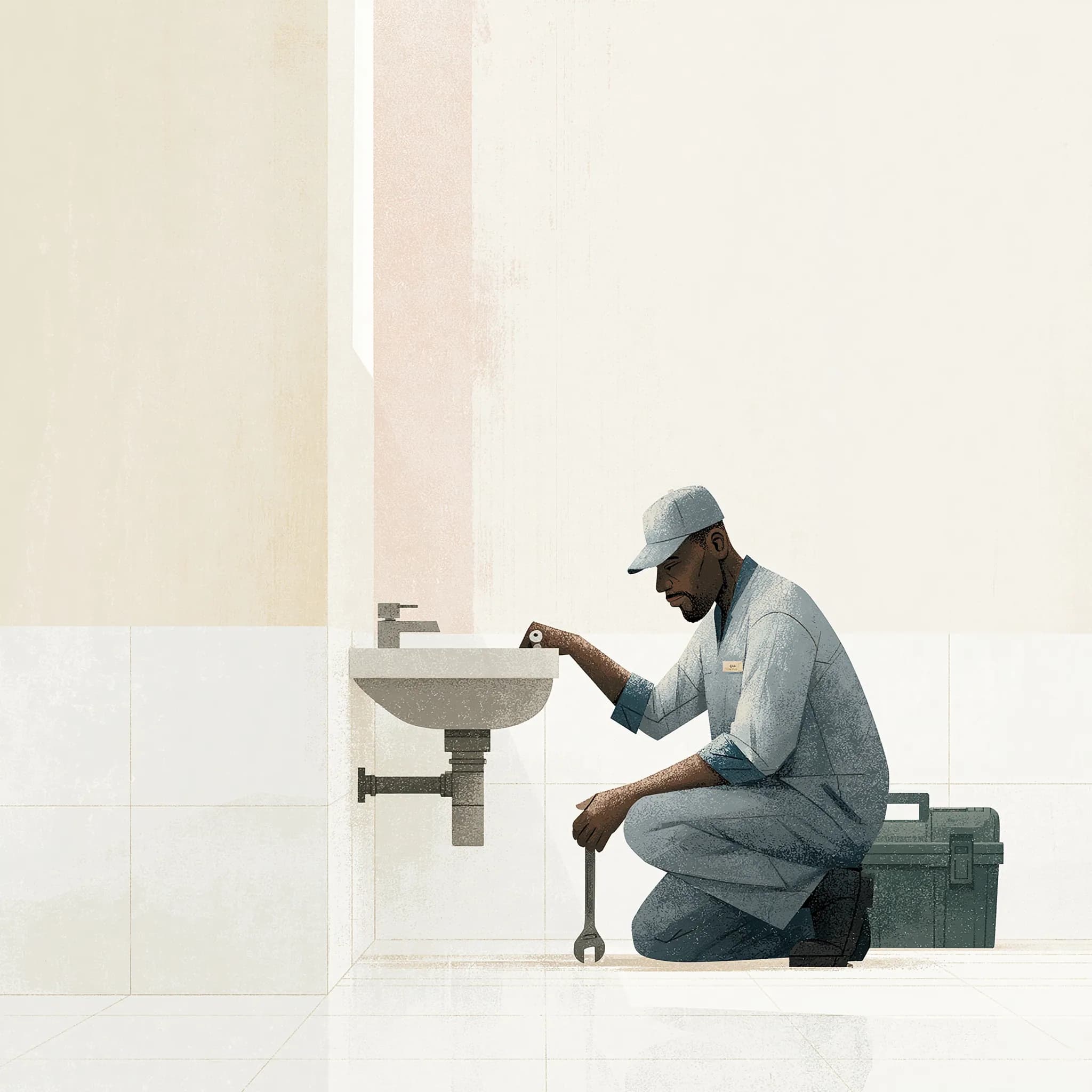 A plumber under a Lagos bathroom sink, calmly tightening a fitting