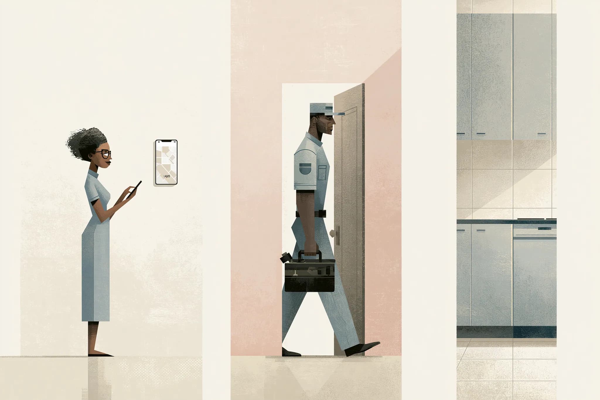 Triptych showing booking on phone, provider arriving, finished work in a home