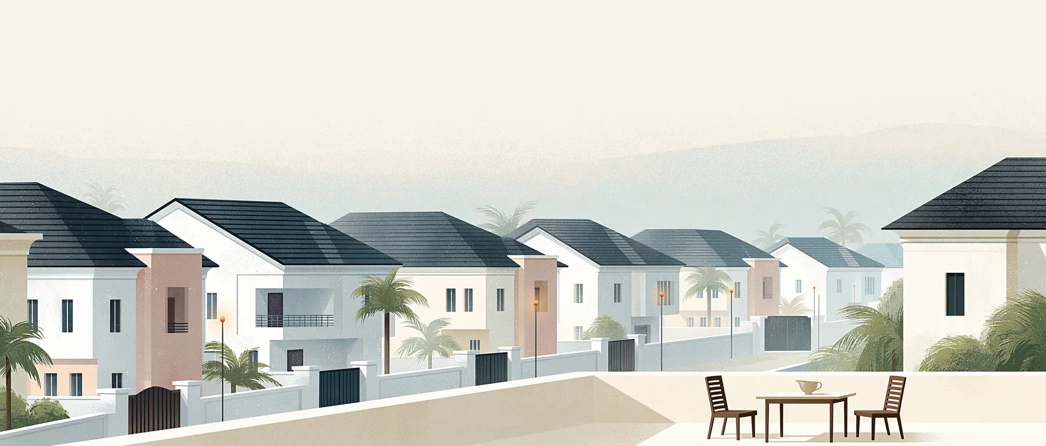 A wide vista of a Lagos residential neighbourhood at golden hour