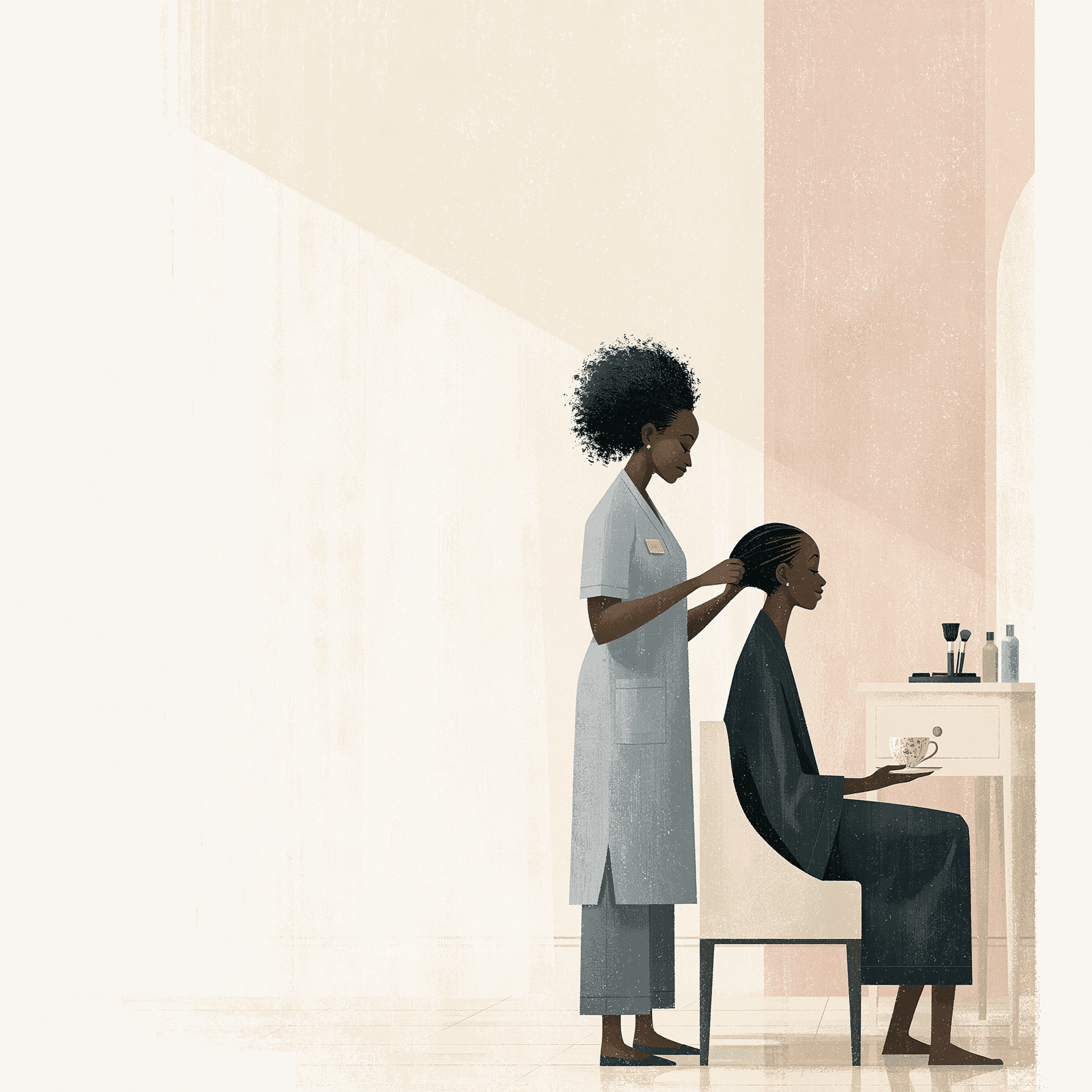 A beauty professional doing a client's hair in a calm bedroom