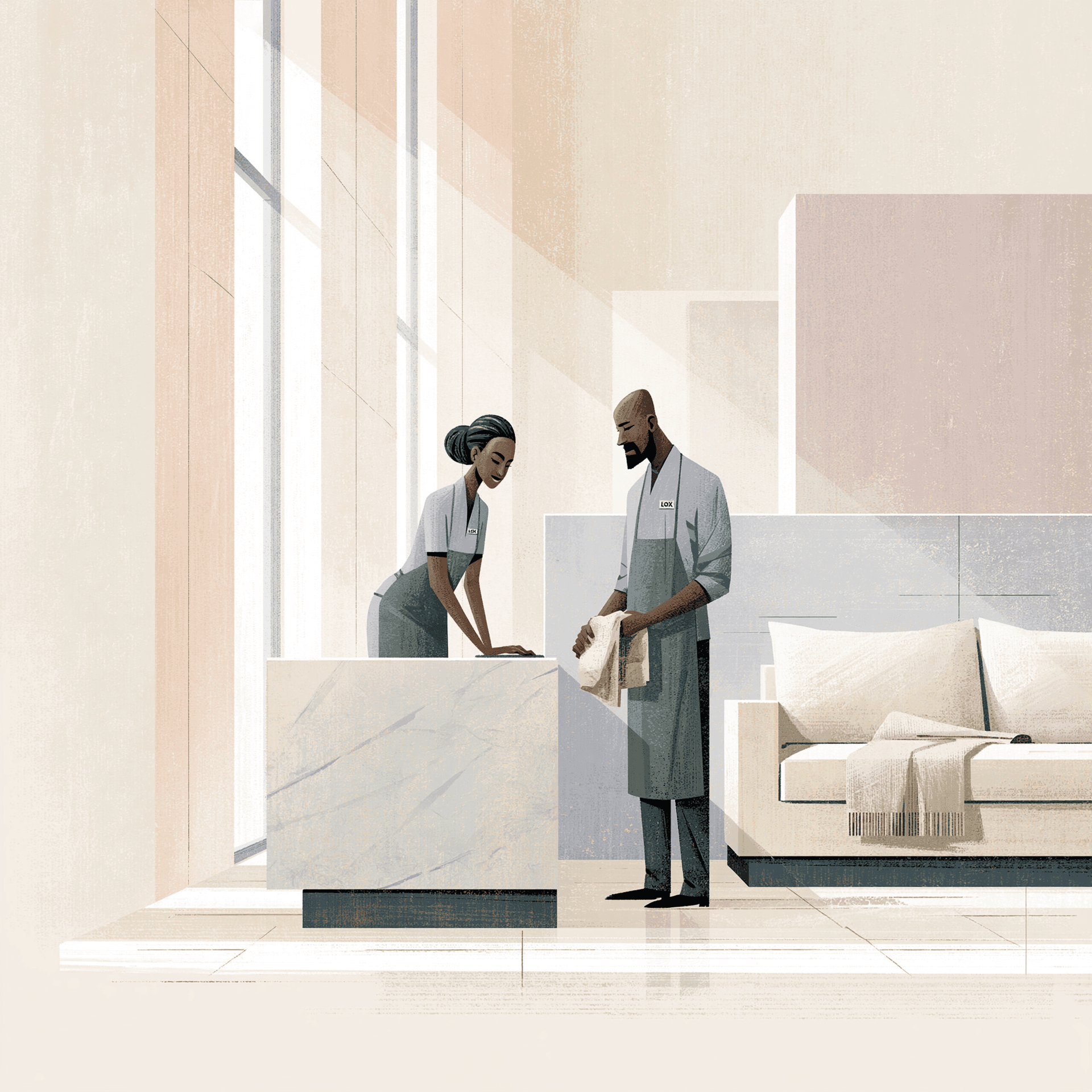 A two-person cleaning team working in a sunlit living room