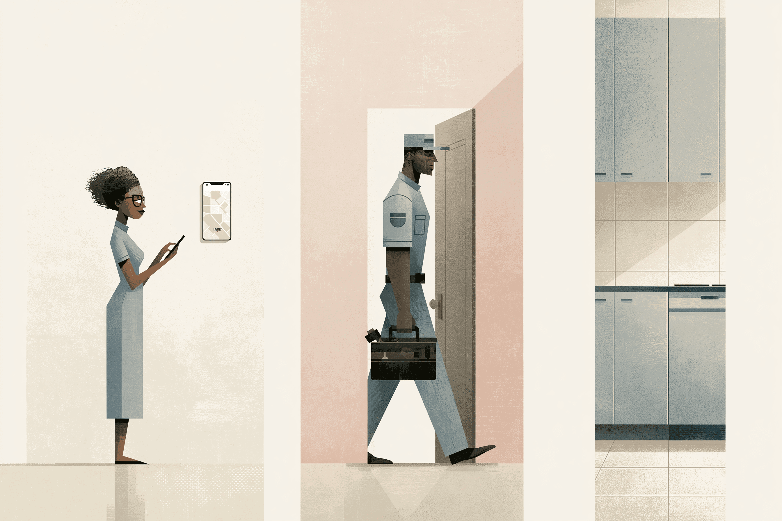 Triptych showing booking on phone, provider arriving, finished work in a home